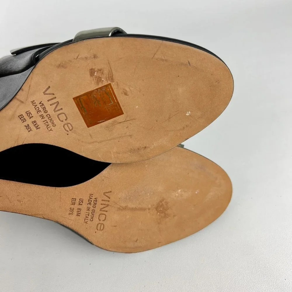 Vince Karima Wedge Mule Slide Sandals Black Leather Silver Detail size 8.5